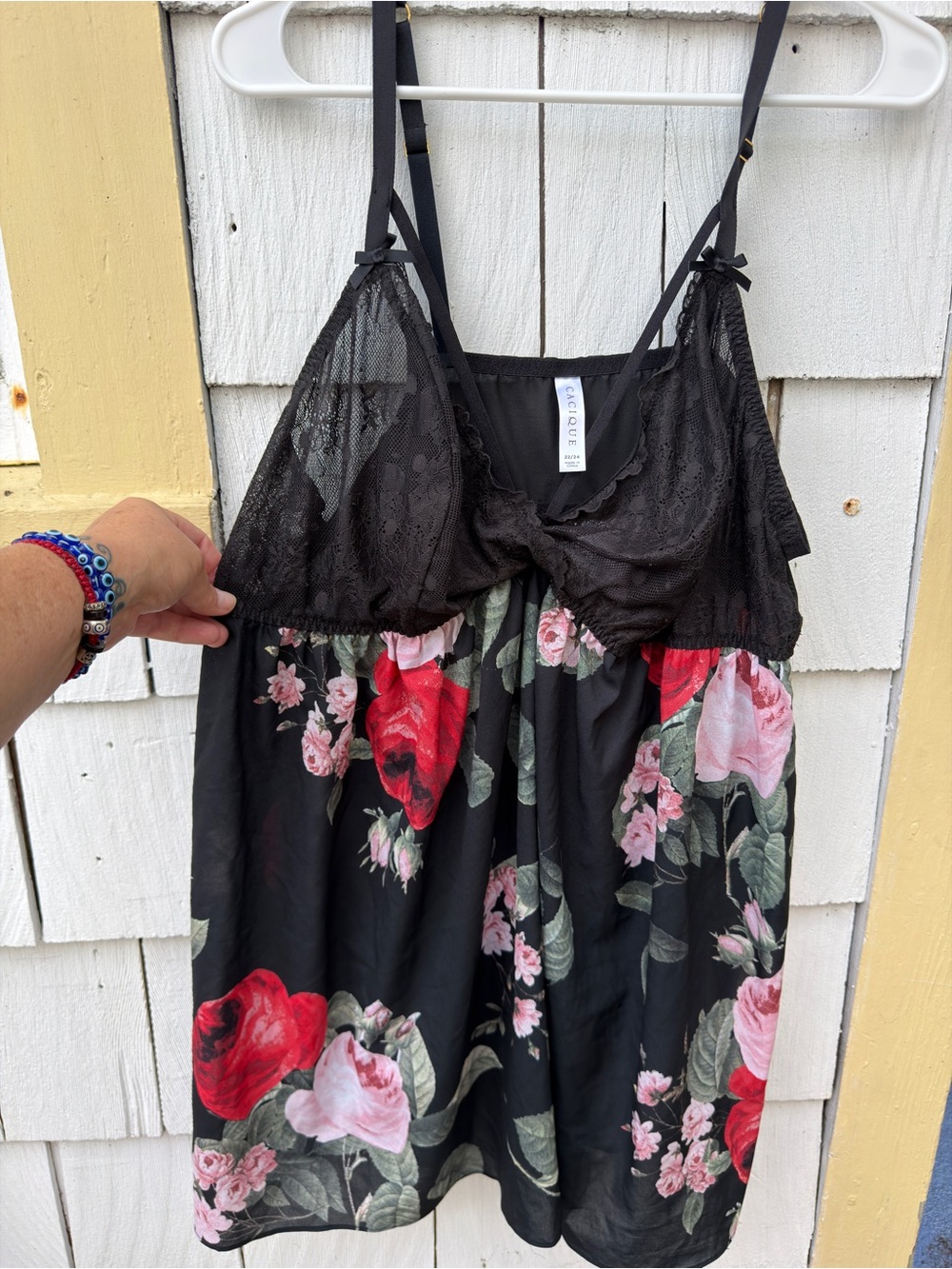 Cacique Black Floral Lace Chemise with Red and Pink Roses